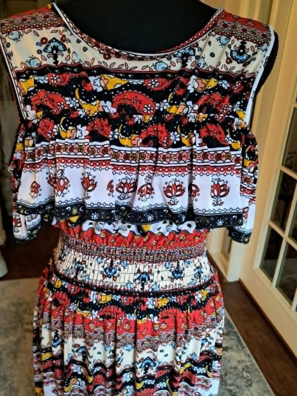 Boho Geometric Print Dress Smocked Waist Ruffle Neckline - Picture 2 of 6